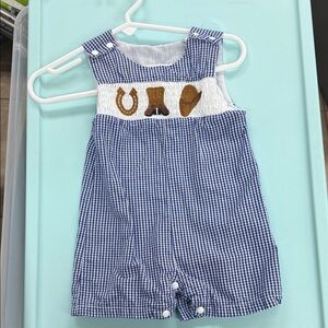 Blue Gingham Baby  smocked Romper with Western Embroidery